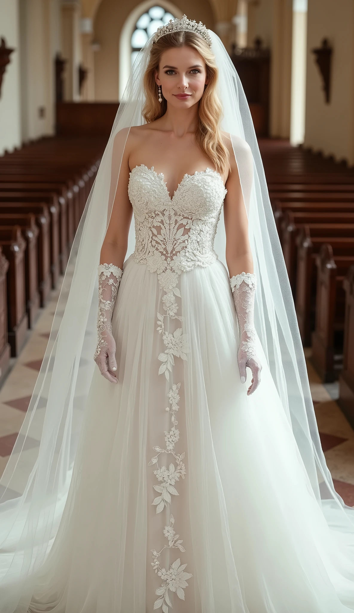 Front view, full body, standing pose,  on church floor, American woman, 30-age , looking at viewer, American fashion model ,(middle blonde hair, detail face, cute face, beautiful eyes, Small lips, smile, pearl earring , pearl neck less, tiara), (big breasts, middle hip, slender body),(White  Wedding long dress with embroidery, and white see-through veil, white lace long glove, white stocking,  white hi-heal), (masterpiece, Best Quality, high resolution on down, Realistic, sharp, RAW photos from the last century, wallpaper, perfection, Professional Lighting, very detailed)