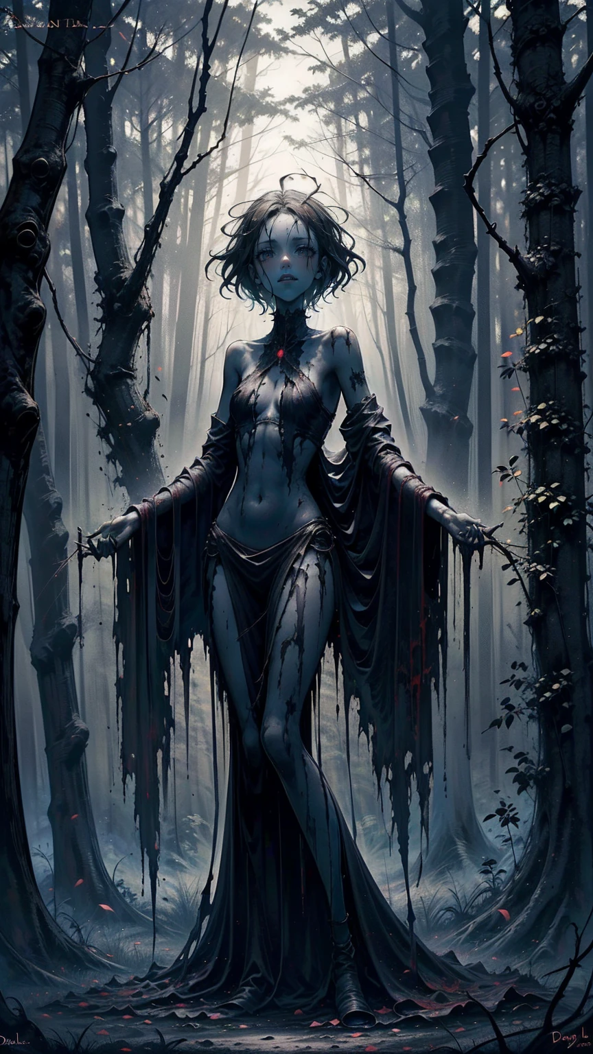 theme:The Cursed Statue in the Deep Forest/Cursed Statue in the Deep Forest / Cursed Statue in the Deep Forest、Frightened, parallel, torn stone ,  dark, fog深い, fog, Creepy,  horror, wide Creepy smile,  pitch-dark eyes  ,  please point it out to the audience ,
