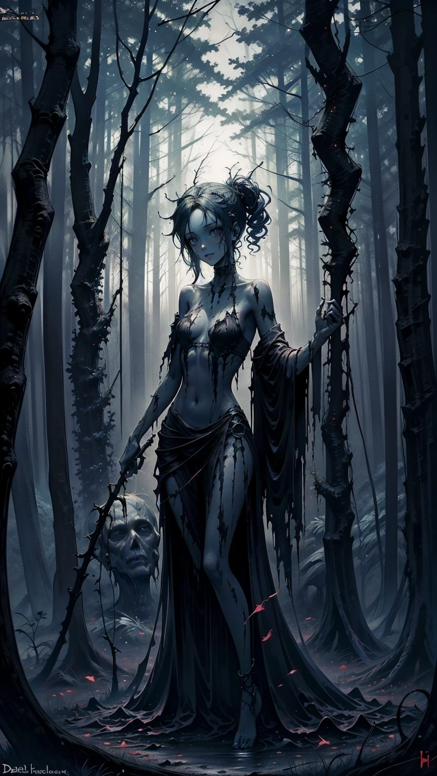 theme:The Cursed Statue in the Deep Forest/Cursed Statue in the Deep Forest / Cursed Statue in the Deep Forest、Frightened, parallel, torn stone ,  dark, fog深い, fog, Creepy,  horror, wide Creepy smile,  pitch-dark eyes  ,  please point it out to the audience ,
