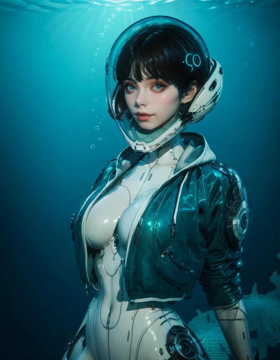 Close up, Front viewer, a hyper-realistic and ultra-detailed photo of a beautiful girl, ultra-realistic, score_9,  score_8_above,  score_7_above, score_6_above,  score_5_above,1 girl,  looking at the viewer , white bodysuit,
blue jacket
helmet, Upper body, PerfectEyes, perfect big breasts,
Underwater, full body