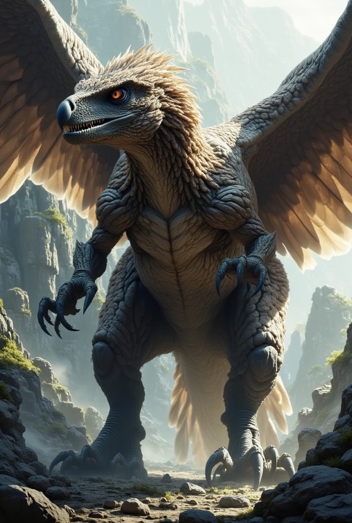 "Create a powerful hybrid creature that combines the fierce and muscular body of a T-Rex with the majestic and aerodynamic features of an eagle. This creature should have the large, muscular legs and tail of a T-Rex, with sharp, clawed feet, but its upper body should resemble an eagle, with large, powerful wings and a sharp, hooked beak. The creature's head should merge the predatory instincts of both, with piercing eagle eyes and a scaly, reptilian skin texture, while its wings should have a slight reptilian twist, showing feathery textures mixed with scales. The creature stands tall, exuding strength and grace, and is set in a dramatic pose against a backdrop of rugged cliffs, ready to launch into flight or pounce on prey. The environment around it is wild and untamed, reflecting its fierce nature."