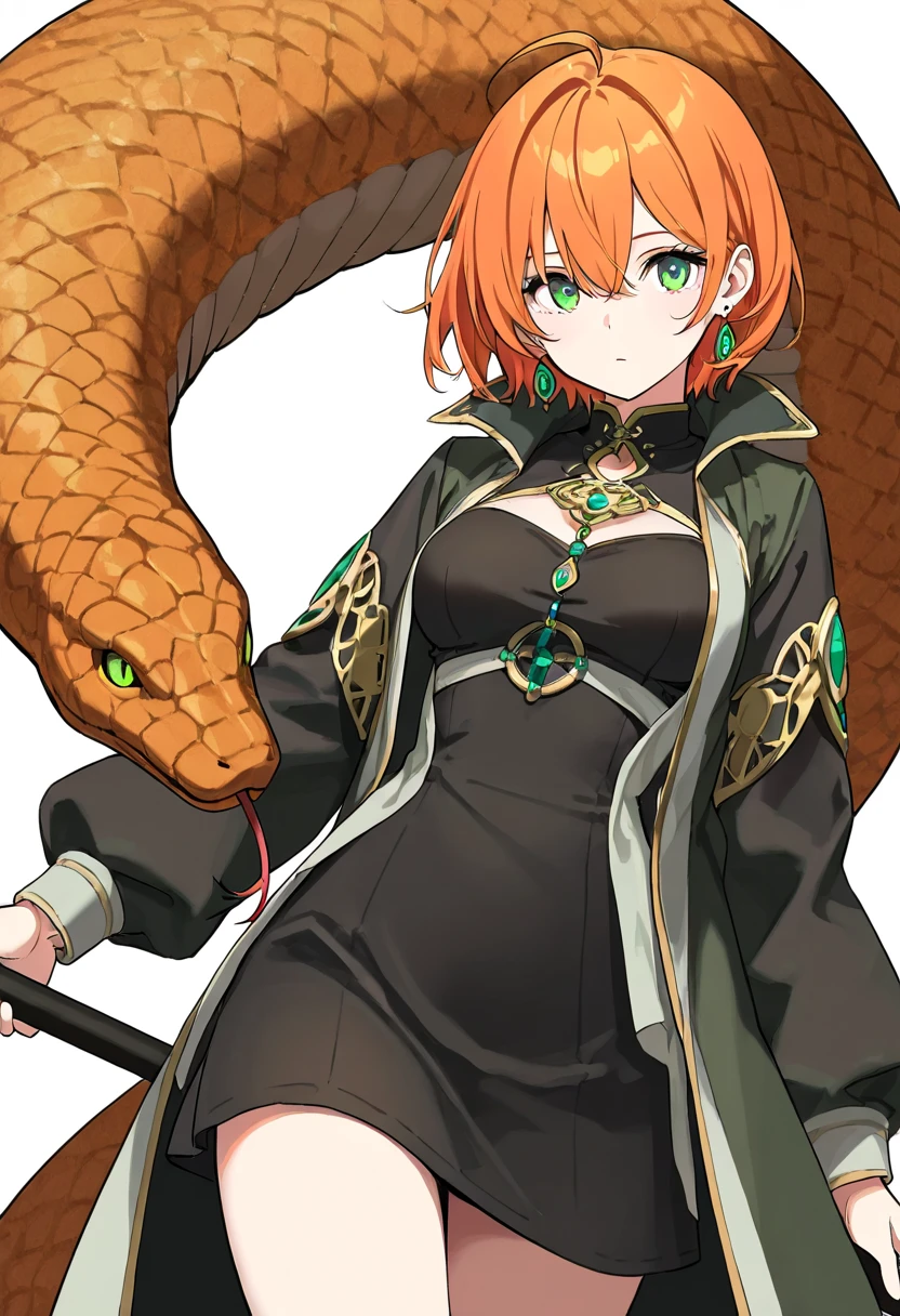 1girl, solo, breasts, looking at viewer, short hair, bangs, long sleeves, white background, dress, holding, hair between eyes, jewelry, closed mouth, green eyes, ahoge, cowboy shot, earrings, orange hair, black dress, coat, staff, snake