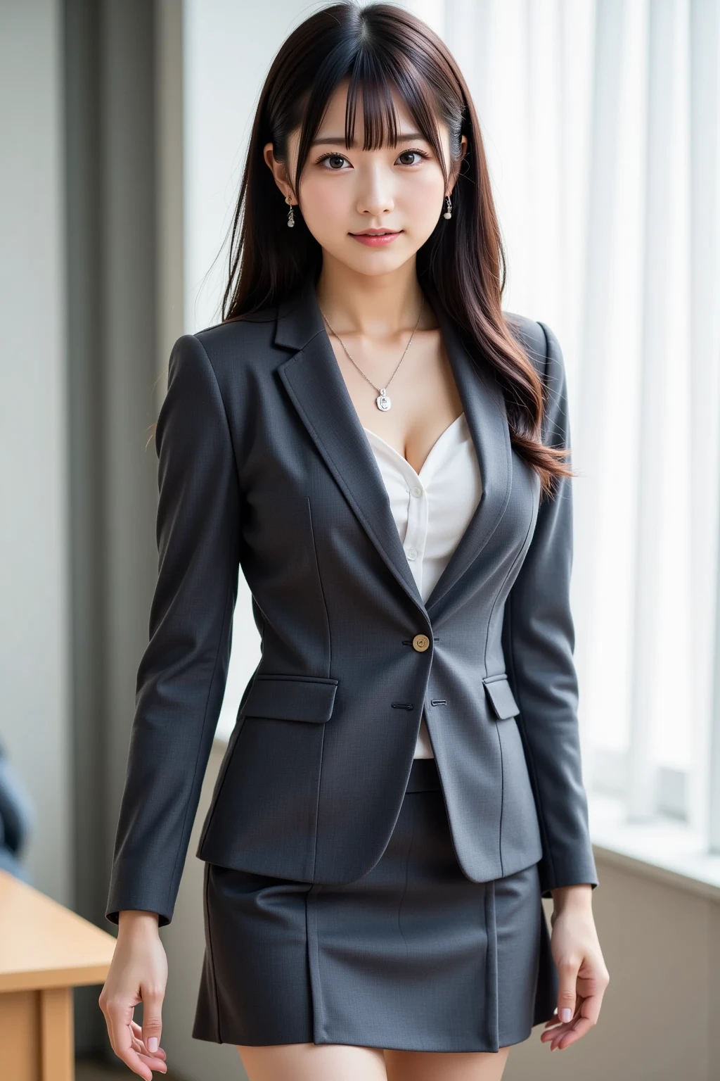 ulzzang-6500-v1.1, (RAW Photos:1.2), (Photorealistic), (Genuine:1.4), (Mastepiece), masterpiece, Absurd, The finer details, High resolution, Highly detailed face and eyes, Photorealistic, 白いbusiness suitを着たエレガントな女性, (Beautiful feet、Thighs Thighs Thighs Thighs、Black Pantyhose)、sitting at a desk in an office、厳格な白いbusiness suitを着用, Luxury Suits, Girl in suit, Girl in suit, Dressed in a strict suit, Elegant suits, Ekaterina, business suitを着て, business suit, business suitを着用する, smile、Meeting Preparation、Vivid details, Super Detail, Realistic skin texture, Detailed aspect, Beautiful details in the eyes, (Detailed Background:1.2),Glowing Skin、Exposed thighs!!!