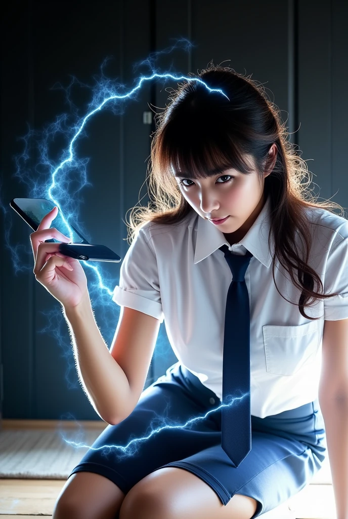 A beautiful Japanese woman in a female Self-Defense officer uniform, wearing a  white short-sleeve shirt, navy blue tie, navy pencil skirt, black patent high heels, Beautiful hip line, Beautiful thighs, She kneels on her right knee and reaches her right hand toward the smartphone on the floor, A blue spiral of light appears on the smartphone screen and spreads, with her body surrounded by a spiral of glowing, ethereal light. The light starts from her front, wrapping around her torso in a fluid, spiral motion, and gradually flows to her back, creating a continuous loop of light. The spiral effect should be soft yet luminous, with the light flowing seamlessly from the front of her body to the back. The light should appear as if it is a part of her, gently swirling around her figure in a harmonious, continuous motion, creating a glowing aura around her form. The back and front of the spiral should blend together, giving the illusion of an unbroken flow of light, low angle, View from the ground, brown hair, bangs, long hair, unconscious, torogao, parted lips, from below, Surrealism, dutch angle, UHD, retina, masterpiece, accurate, anatomically correct, textured skin, super detail, high details, high quality, award winning, best quality, highres, 1080P, HD, 4K, 8k, 16k