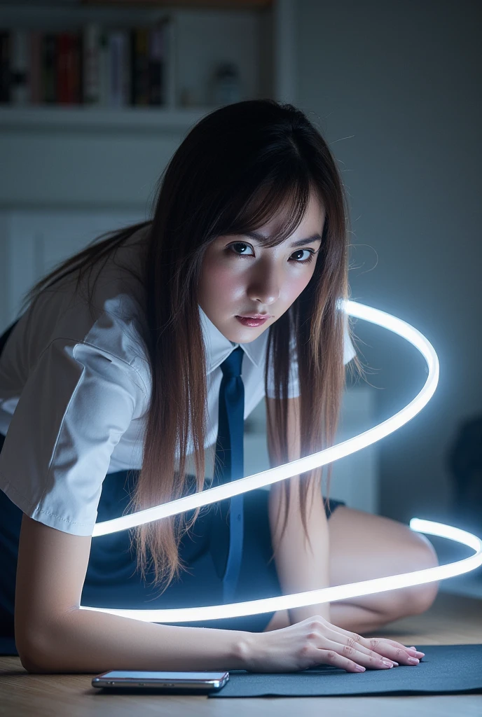 A beautiful Japanese woman in a female Self-Defense officer uniform, wearing a  white short-sleeve shirt, navy blue tie, navy pencil skirt, black patent high heels, Beautiful hip line, Beautiful thighs, She kneels on her right knee and reaches her right hand toward the smartphone on the floor, A blue spiral of light appears on the smartphone screen and spreads, with her body surrounded by a spiral of glowing, ethereal light. The light starts from her front, wrapping around her torso in a fluid, spiral motion, and gradually flows to her back, creating a continuous loop of light. The spiral effect should be soft yet luminous, with the light flowing seamlessly from the front of her body to the back. The light should appear as if it is a part of her, gently swirling around her figure in a harmonious, continuous motion, creating a glowing aura around her form. The back and front of the spiral should blend together, giving the illusion of an unbroken flow of light, low angle, View from the ground, brown hair, bangs, long hair, unconscious, torogao, parted lips, from below, Surrealism, dutch angle, UHD, retina, masterpiece, accurate, anatomically correct, textured skin, super detail, high details, high quality, award winning, best quality, highres, 1080P, HD, 4K, 8k, 16k