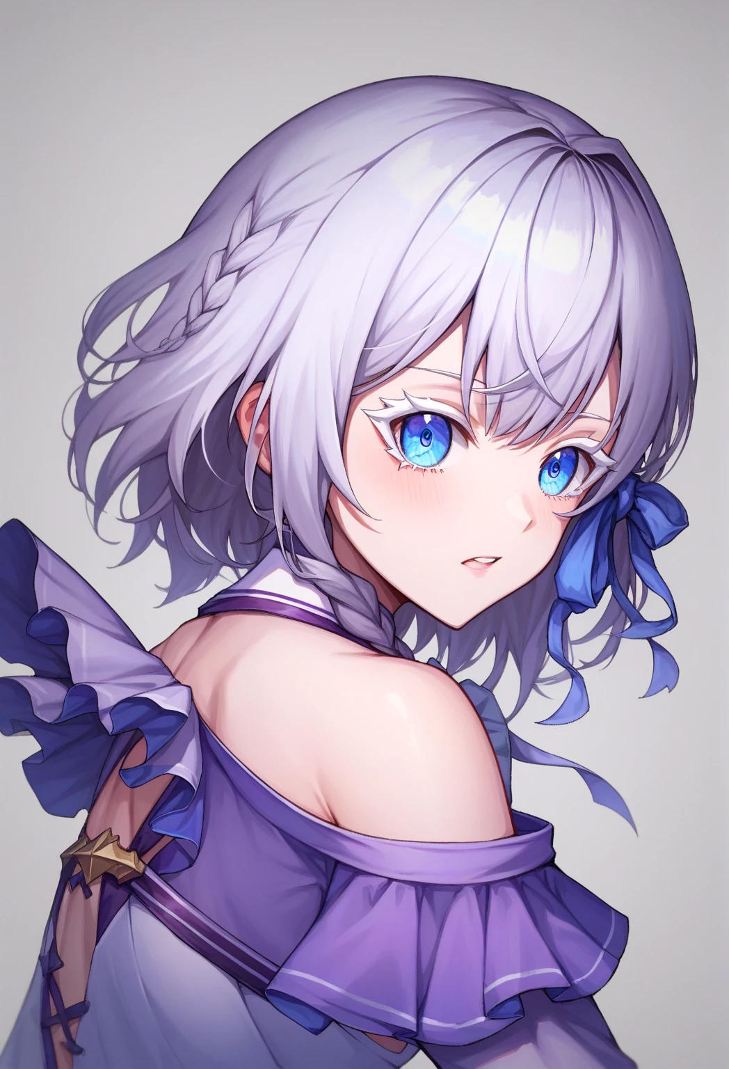 score_9, score_8_ up, score_7_ up,   white background  , I,  from the side 1 girl ,  short hair ,  blue eyes, Gray Hair,  braided ,  white lashes,  white shirt,   purple jacket,   long sleeve  ,  bare shoulders,  hair ribbon,   detach sleeve , Purple tie, frills,  center frill ,   purple skirt,  Open Jacket ,  grows towards viewers,  impossible, rape