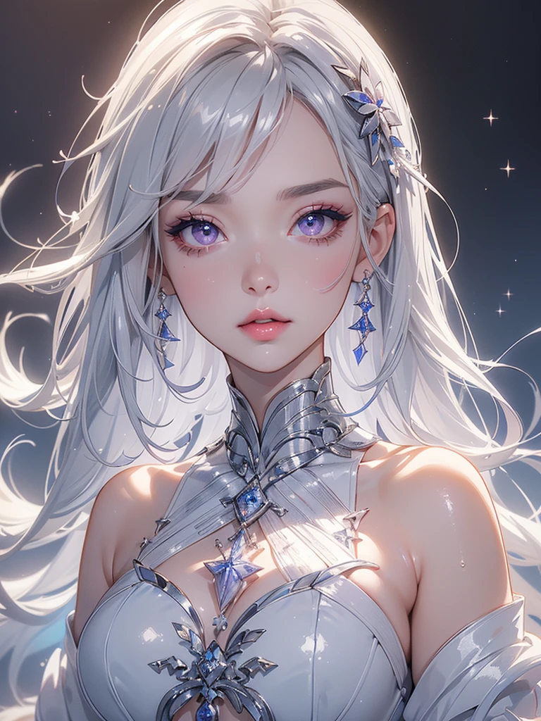 Appearance: Gender: Female. Hair: White, perhaps with a slight ethereal glow Face: Beautiful and delicate features, reminiscent of K-pop idols Eyes: Piercing and mysterious Clothing: Elegant, flowing robes with intricate embroidery Personality: Enigmatic and reserved Possesses magical abilities related to time or celestial energy