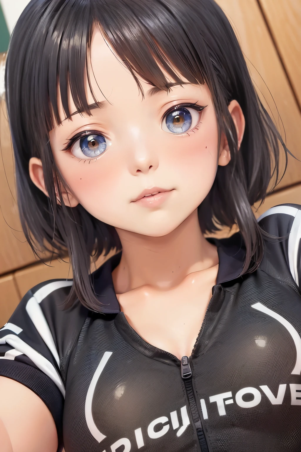  locker room,close-fitting tracksuit、Workout clothes that are about to be taken off、 、(Thin type:1.5),( Big Breasts),(  black hair、 short bob with sisters),( highest image quality taken by Ki,(8k),  super real, 最 High Quality ,  High Quality ,   High Resolution ,  High Quality なテクスチャ,  high details,  Beautiful Details ,  fine details,  very detailed CG , Detailed texture,  realistic expression of face , masterpiece, )