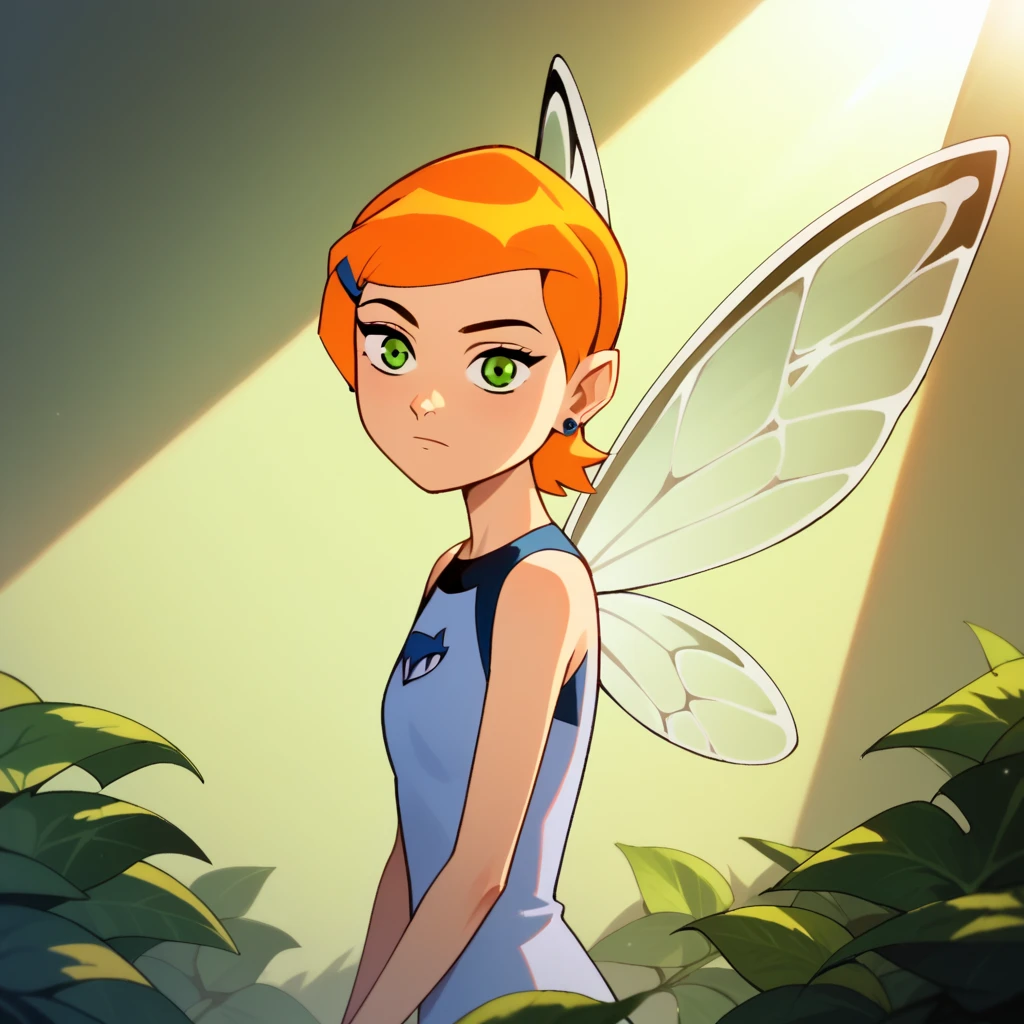 score_9, score_8_up, score_8_up, solo, female , fairy, fairy wings, gwen_ten, orange hair, short hair, green eyes, earrings, hairclip, sunlight, shadows, natural lighting, leaves