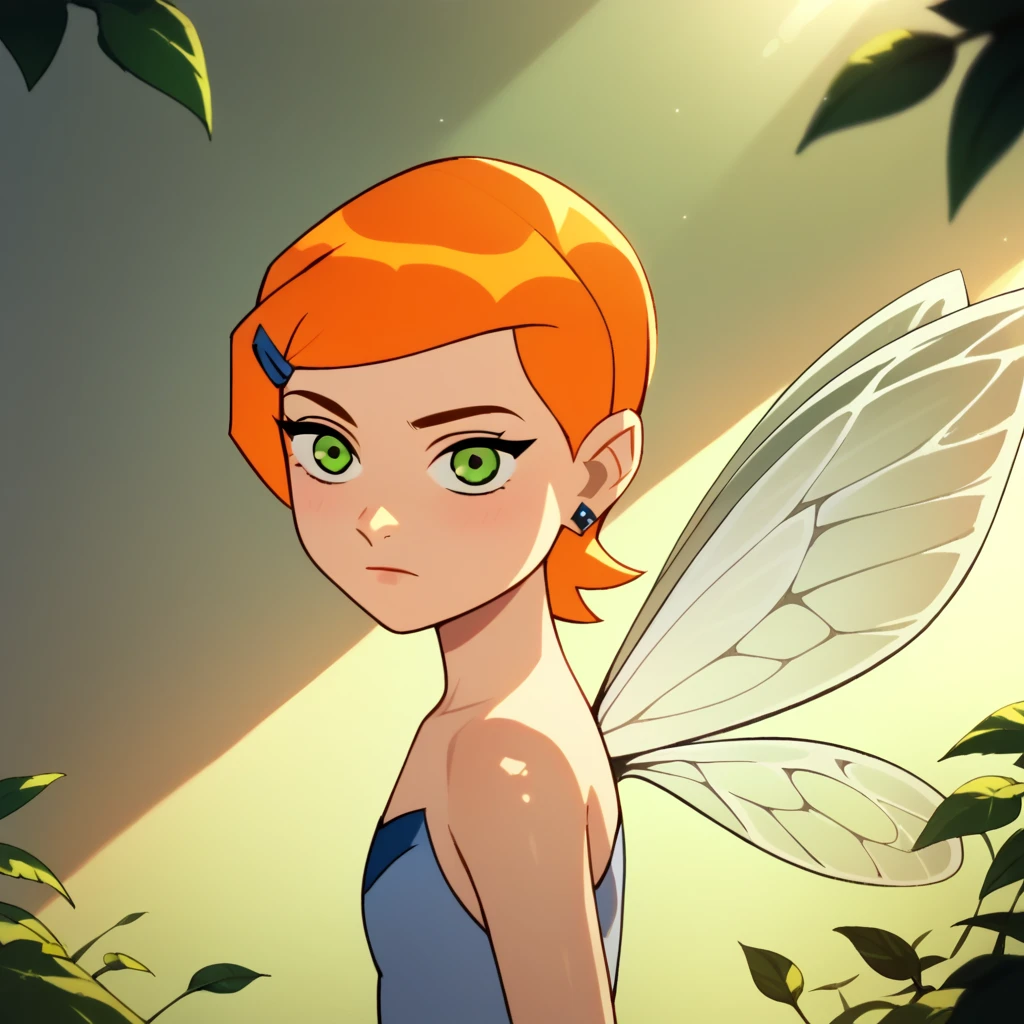 score_9, score_8_up, score_8_up, solo, female , fairy, fairy wings, gwen_ten, orange hair, short hair, green eyes, earrings, hairclip, sunlight, shadows, natural lighting, leaves