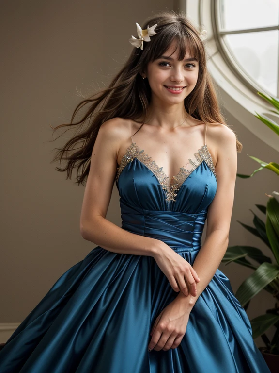 Krysten Ritter wearing a long dress with a v-neckline and smiling
