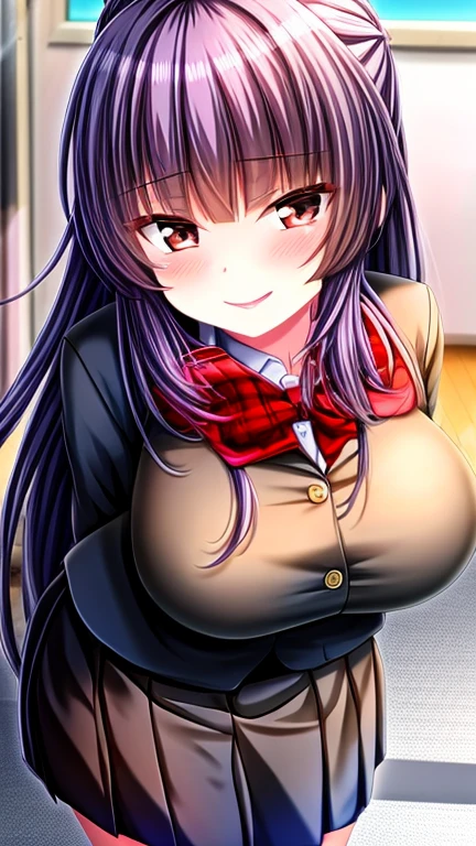  cute girl, Moe, Shiny Hair,  high school uniform and checked pleated skirt,  black bike shorts, Bun hair put together at the back of the head ,  cute pose ,  evening school classroom ,  big boobs,  big butt, Older sister,  Lifting Skirts , Embarrassed face, I'm in the middle of changing clothes,  floating nipples on boots, NSFW