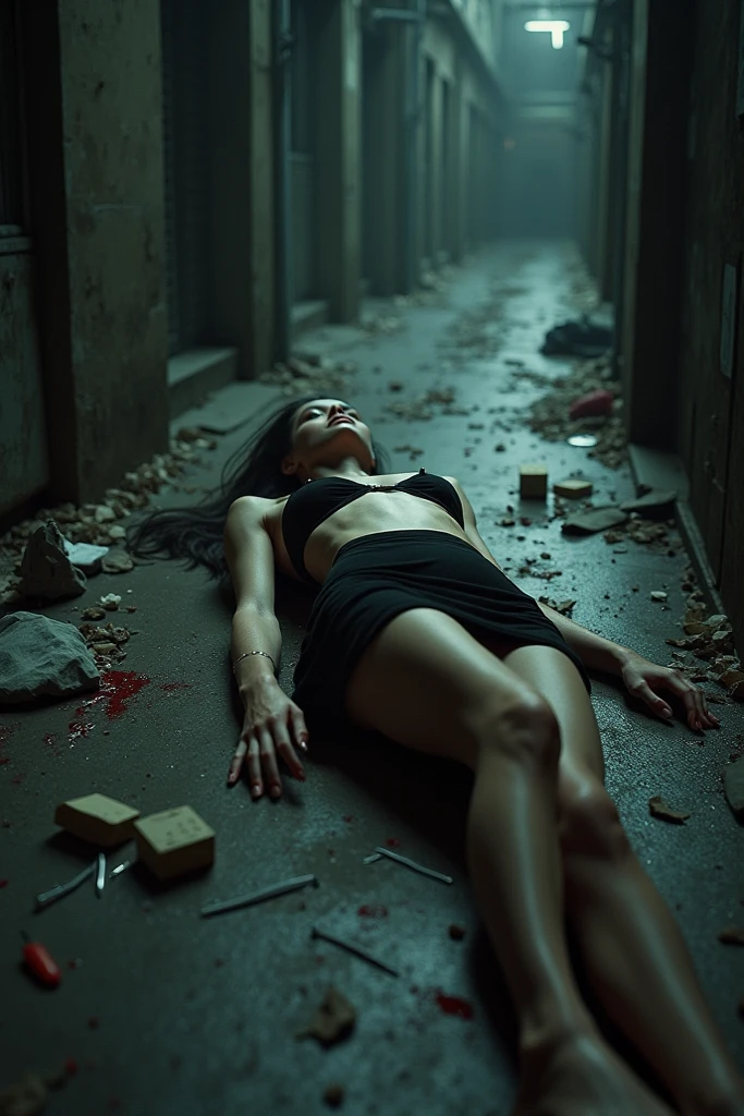 4k, ultra realistic, realistic, textured skin, crime scene, stabbed, woman, rated pg, dead body, whole body
