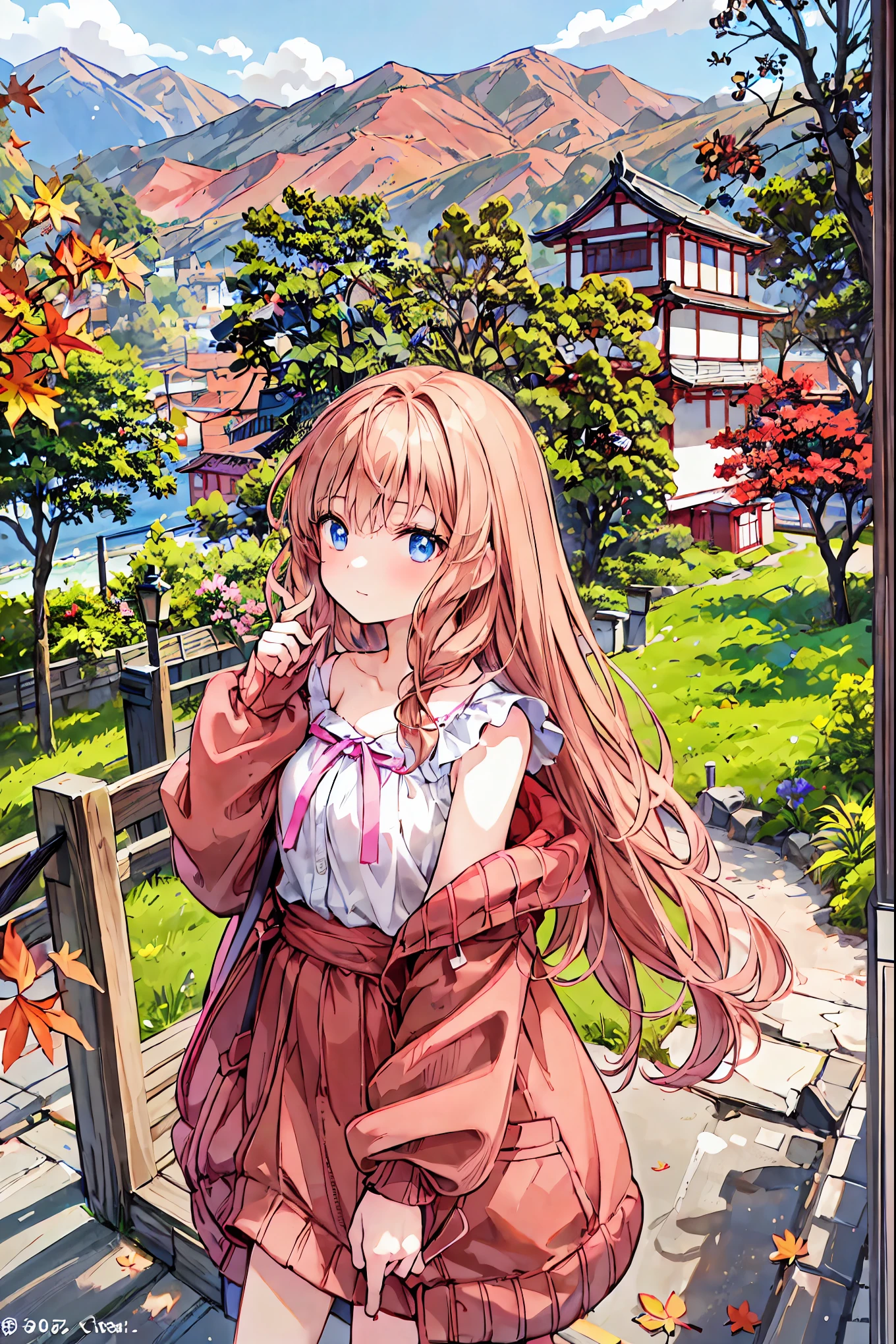 ( best quality ), (Masterpiece)、( very detailed)、( one beautiful girl)、( cute)、20 years old、The takeaway、( evening)、(Take a walk in a nature park )、 sweater 、( off shoulder)、 Long Sleeve 、(Outdoors)、(Many trees with fall leaves )、 Light Up、 light brown hair、( blue eyes)、 detailed eyes、 who opened his eyes wide 、 detailed face 、Laughter、Big Breasted 、 hair length above the 、( upper body shot )、 and the background is a Japanese castle 、 You can see the serene mountains 、( looks up at the :1.3)