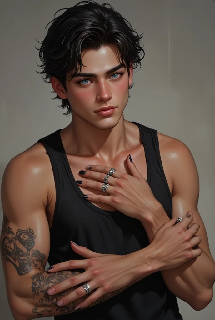 Boy with a necklace on his neck and a tattoo on his arm, jovem com cabelos pretos e olhos azuis, retrato masculino, jovem bonito, Retrato da parte superior do corpo, homem jovem bonito, homem jovem, modelo jovem masculino, caracteristicas masculinas marcantes, rapaz musculoso, rosto detalhado, modelo masculino, rosto jovem atraente, square jawline, tattooed arm, Maxence Danet Fauvel 8k