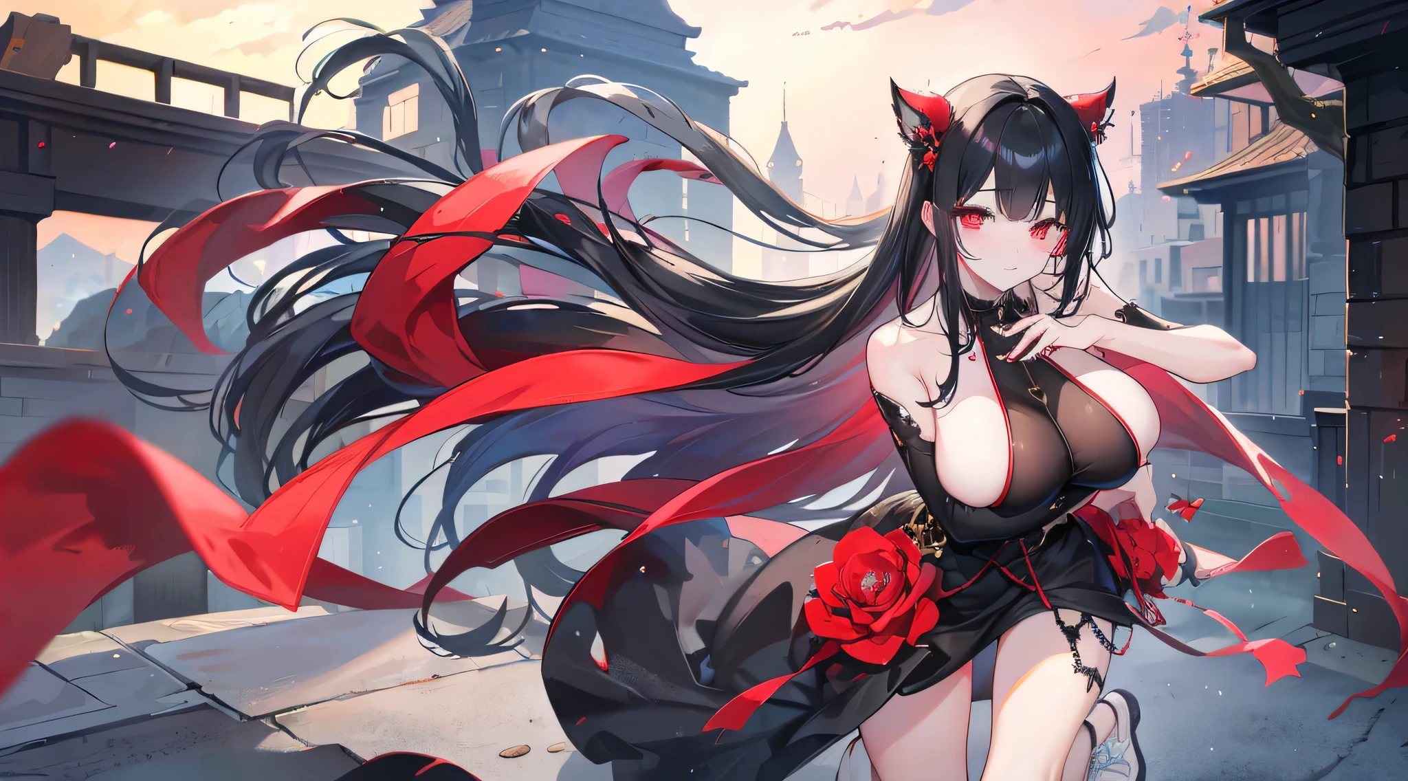 (Exquisite eyes),(Clear and beautiful eyes:1.61),masterpiece, 1 young girl,(Black clothes and some red gems), Black long hair, (She has a huge red gem on her chest), Good Hand,((The Havoc of StarCraft)),full-body shot,Fighting Stance,(Red Eyes:1.466),short and small,(Very big breasts:1.35),(Pretty Face),(full-body shot:1.33),Beautiful hands