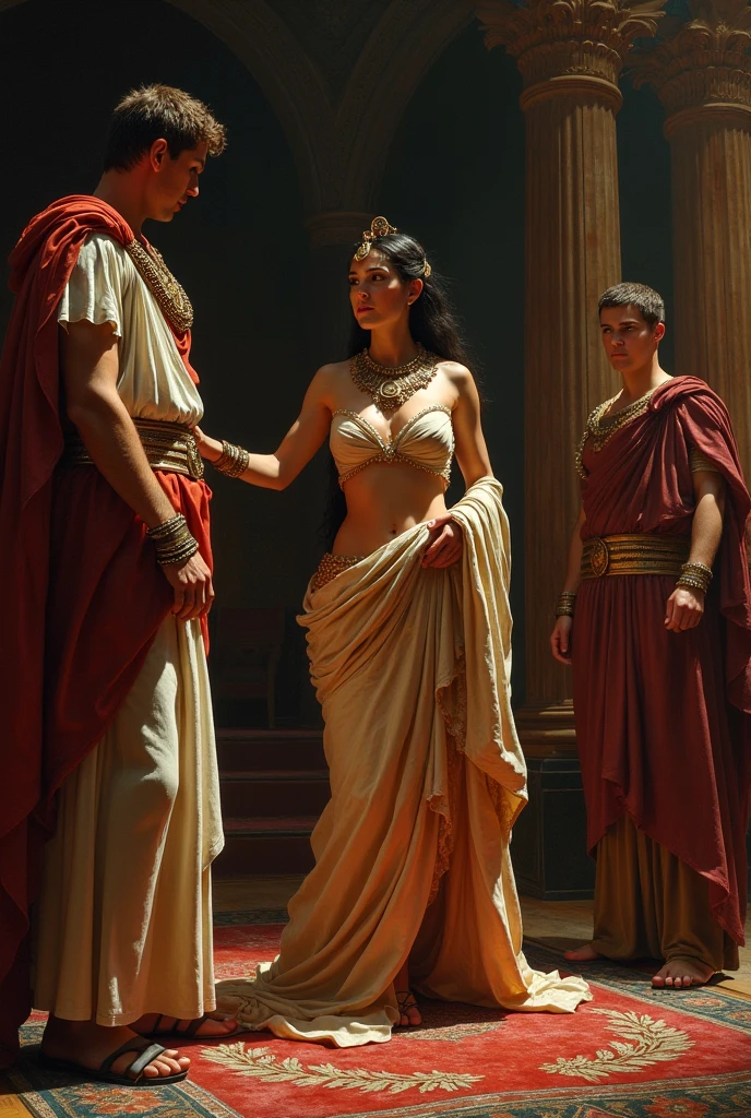 The tragic end of Cleopatra and Marc Antony. The scene shows the chaos of the Battle of Actium and their final moments in Alexandria.