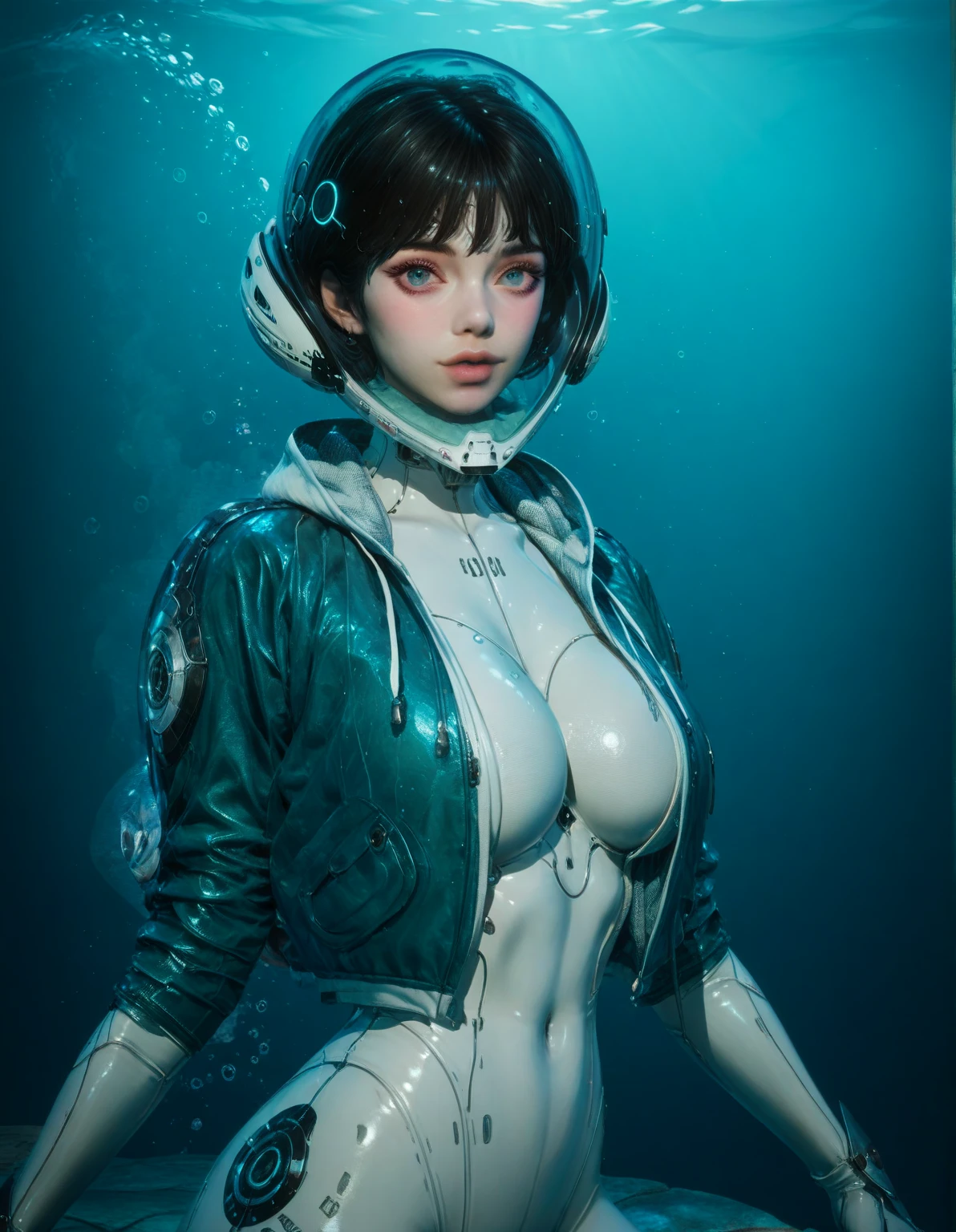 Close up, Front viewer, a hyper-realistic and ultra-detailed photo of a beautiful girl, ultra-realistic, score_9,  score_8_above,  score_7_above, score_6_above,  score_5_above,1 girl,  looking at the viewer , white bodysuit,
blue jacket
helmet, Upper body, PerfectEyes, perfect big breasts,
Underwater, full body