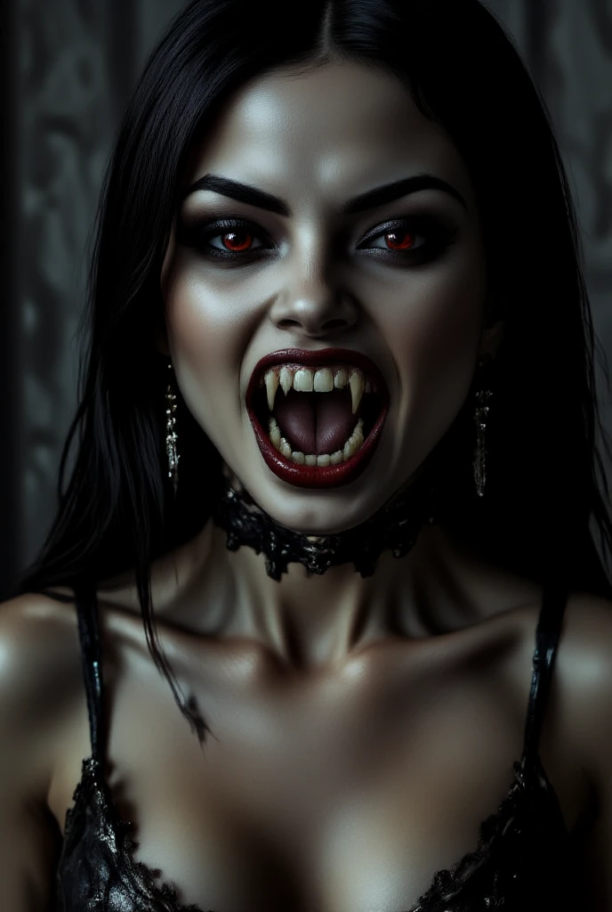 Ookza vampire style picture of a beautiful tall and dark lady of the night as a vampire, from her voluptuous lips sprout her huge canines, view the full tattoed body, intricate, gothic, highly detailed, digital painting, trending on artstation, concept art, smooth, sharp focus, illustration,  photo RAW photo, (high detailed skin:1.2), 8k uhd, dslr, soft lighting, high quality, film grain, octane, photorealistic, realistic, masterpiece, art by George Luks,