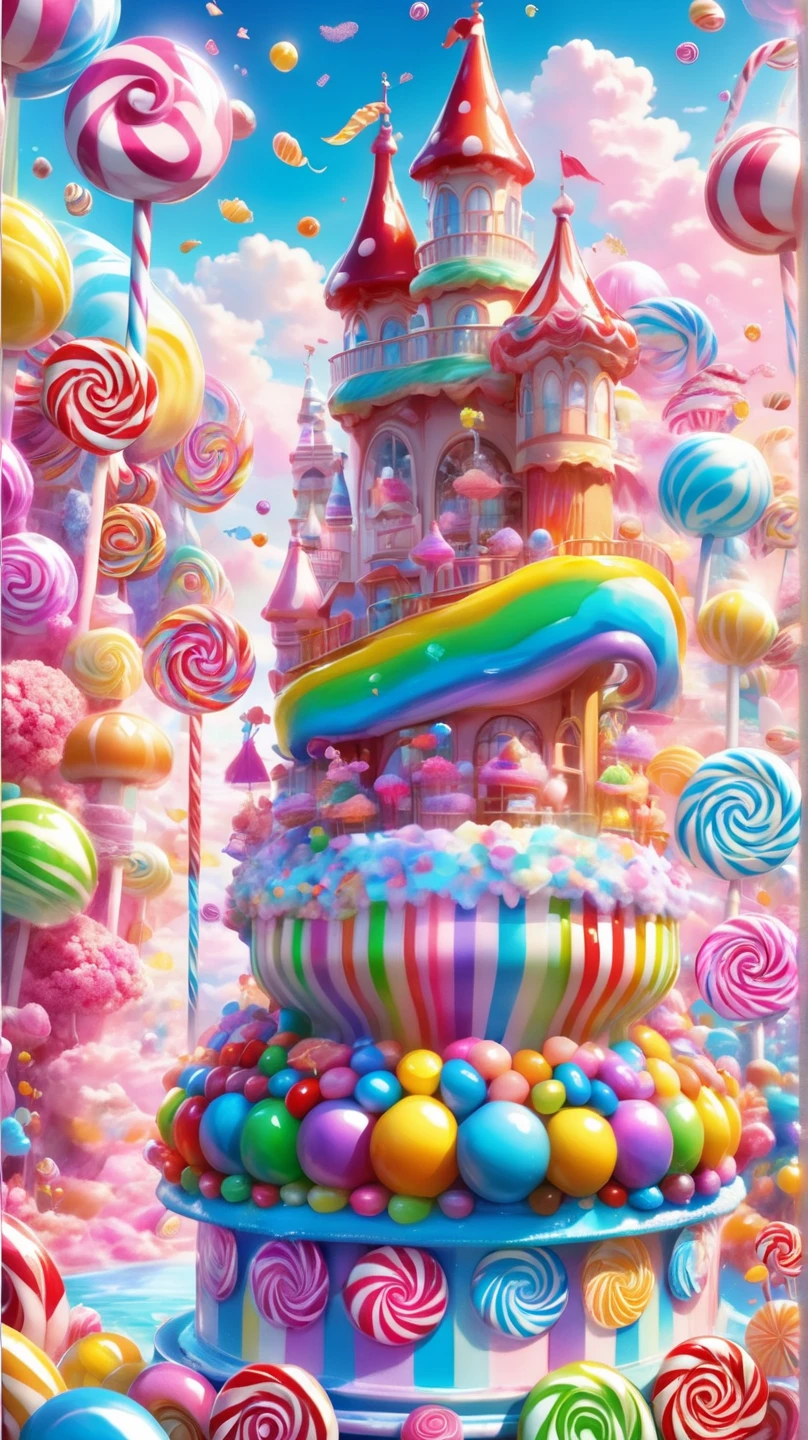 1girl , Candyland, aesthetic, (best quality, highres), ultra-detailed, ( realistic :1.37), vibrant colors, candy-themed, dreamlike, enchanting, whimsical, Sunlit , joyful, playful, sugary attire, magical, enticing aroma, candy castle, candy river, cotton candy clouds, Lollipops, candy cane columns, sugar sculptures, gumdrop boats, candy fish, vibrant flowers, cheerful expressions high resolution , accurate, has won many awards , high definition model , high quality, Ultra Fine, very detailed, quality, 高い details , details , 最high quality, fantasy world view colorful and delicate candy land super realistic and beautiful 8K super realistic and beautiful 8K super realistic and high image quality tower made of colorful candy カラフルなお菓子の背景 最high qualityを超える