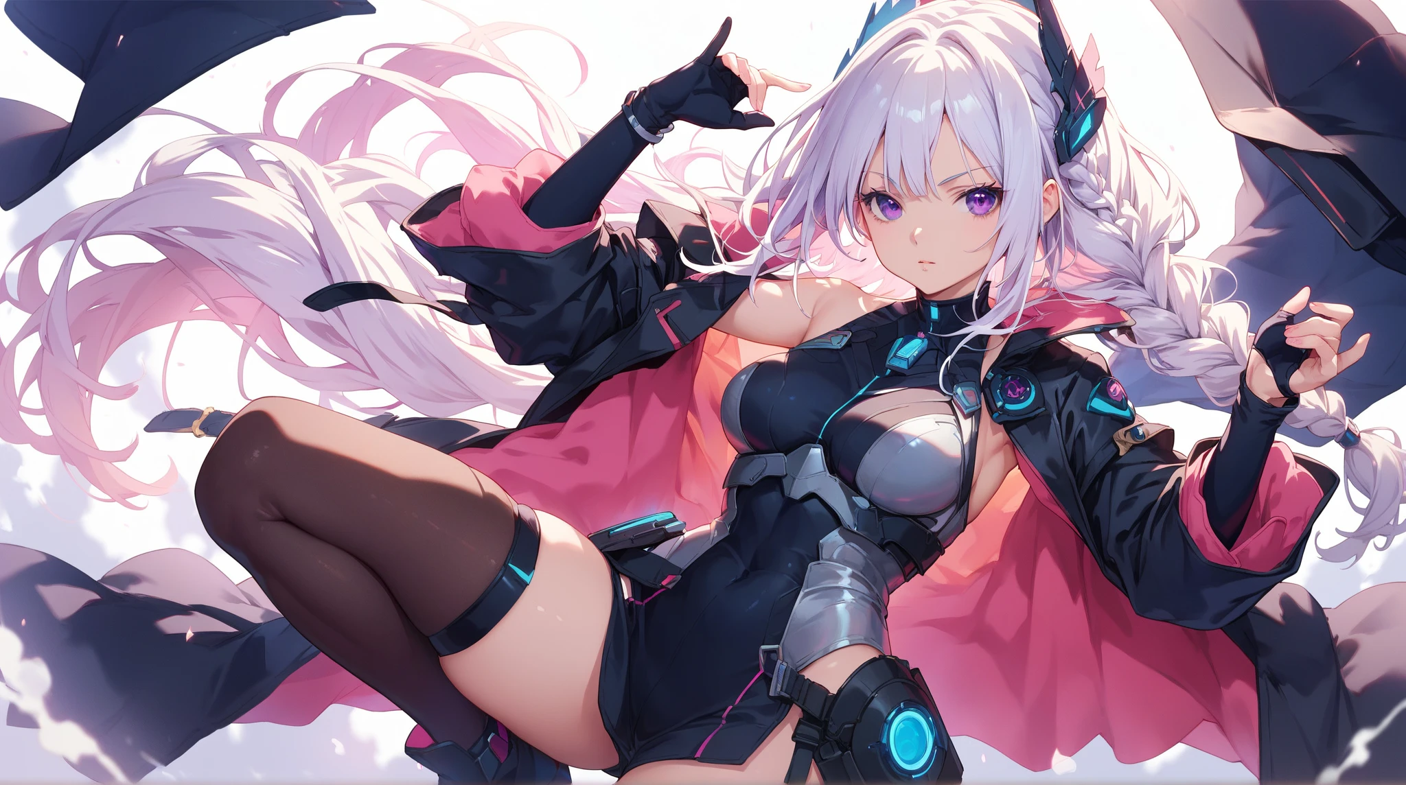 pale skin,dark风,long white hair,black eye shadow,red eyes,Abstinence,dark,antenna,succubus,Open the legs,angry,Battle damage,Broken clothes,Transparent underwear,camel toe,sitting,hot pants,Mecha,front view