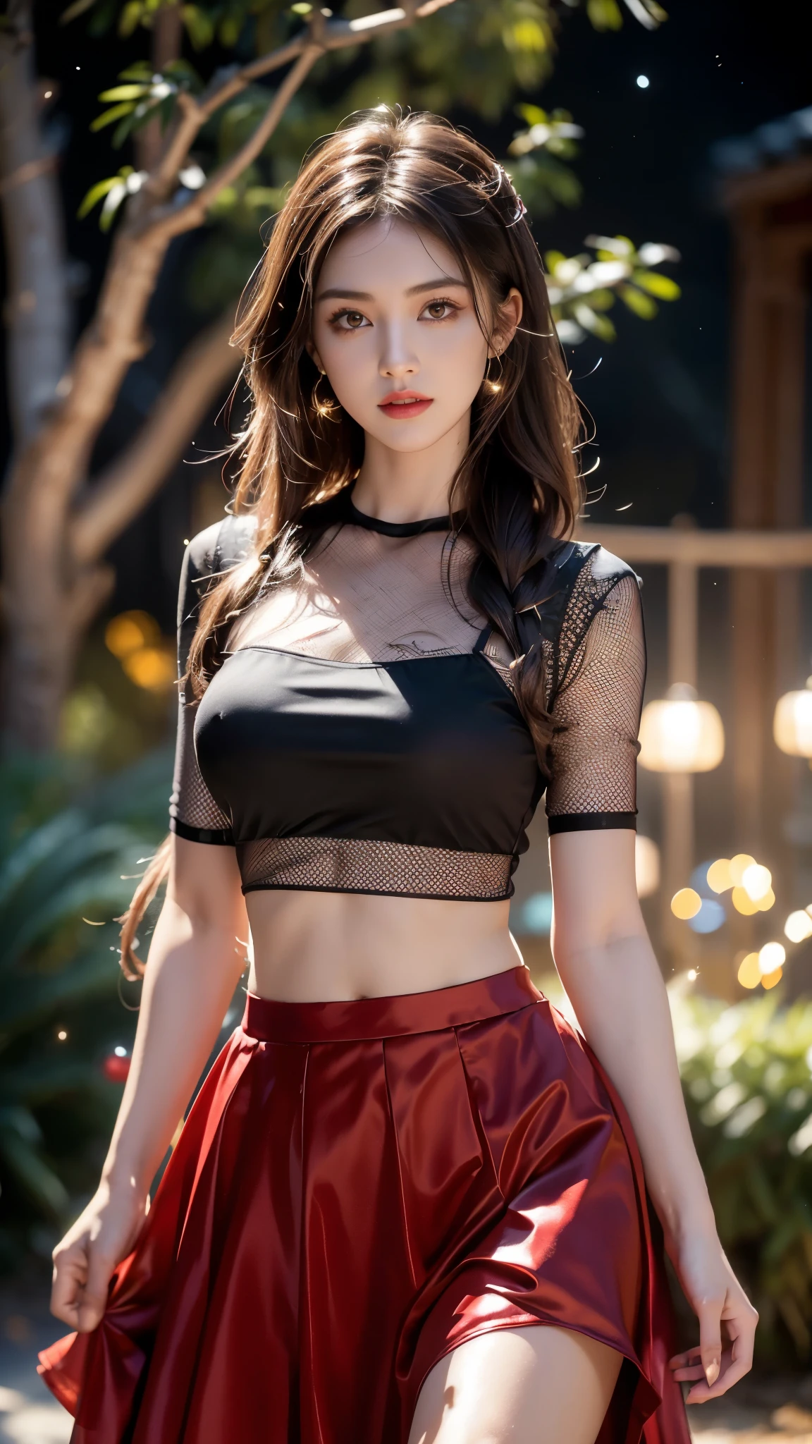 8k, masterpiece, RAW photo, best quality, photorealistic, extremely detailed CG unity 8k wallpaper, Depth of field, Cinematic Light, Lens Flare, Ray tracing, (extremely beautiful face, beautiful lips, beautiful eyes), intricate detail face, ((ultra detailed skin)) 1girl, in the dark, deep shadow, pretty Asian girl, idol, 1 girl, (very slim slender fit-muscled body:1.3), ((looking at viewer)),(big smile:1.3), (tight laced blouse), ((hot pink color blouse)), (short sleeve) , (city night, dark night, (neon sign), (blurred background), dim lights, cityscape, rooftops, beautiful earrings, bracelets, necklace, pantyhose, clear eyes, (pale skin), (big eyes), face forward, ((upper body shot)), (silk black, red color skirt ),(brown hairs),((tight fitting laced skirt )), (see through), (looking at viewer:1.3), open breast, (very slim), medium breasts, (see through),((flooming laced)), ((camel toe)), (see through jacket), updo hair