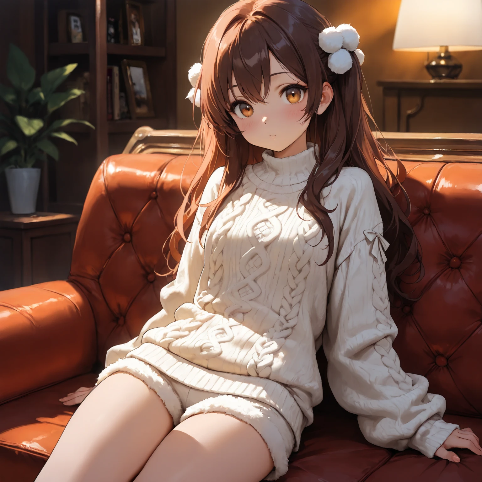 fur decoration sweater, fur shorts, sitting, cowboy shot, very cute face, cute girl, raw, indoors, (best quality,4k,8k,highres,masterpiece:1.2),ultra-detailed,intricate details, high fashion, dramatic lighting, warm colors, chiaroscuro