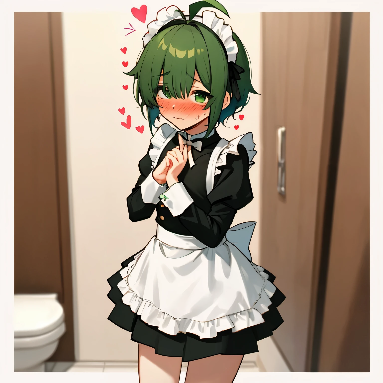 (boy), green ivy hair, green eyes, short cut, side part, ahoge, hair over one eye, thin eyebrows, young, shy, embarrassed, flushed, flushing, flushed cheeks, flushed face, bashful, ashamed, blushing, expressionless, alone, making a heart with fingers, short, Shota, solo, maid costume, mini skirt, slim,  with rabbit headband, in cafe