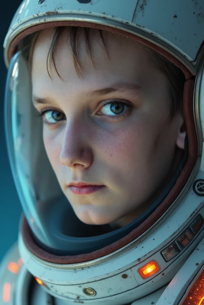 ((one woman looking at camera)), detailed face, mid shot, (chrome golden and blue sci-fi space suit), brown hair, (white clouds), sunset, stars, ships far away in ocean