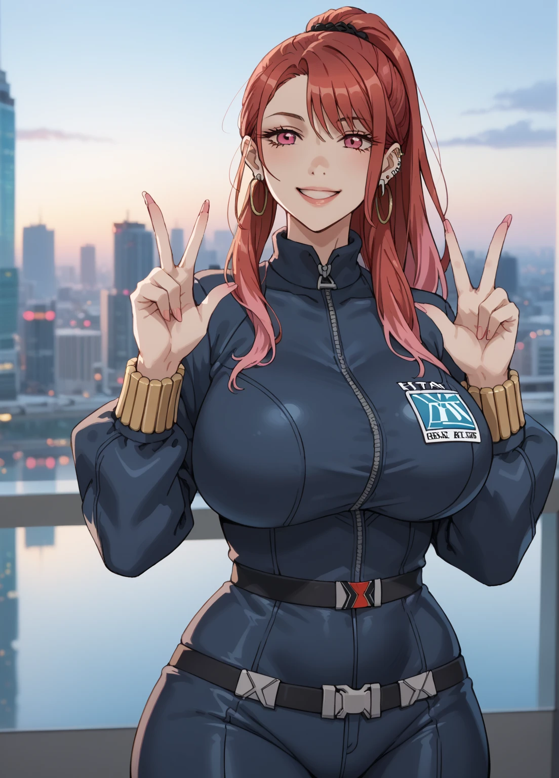 KJOmarin, red hair, ponytail hair, pink eyes, earrings, ear piercing, multicolored hair, score_9, score_8_up, score_7_up, source_anime, masterpiece,best quality, huge breasts, wide hips, big ass, big round butt, cosplayer, cosplaying black widow, smile, double peace pose, city, evening, blurry backgrounds, simple backgrounds 