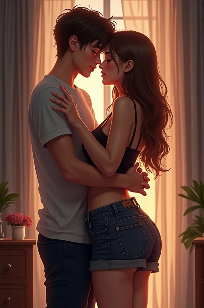 Teenage girl touching with her hand the ass of a teenage man in a sweatshirt and shorts