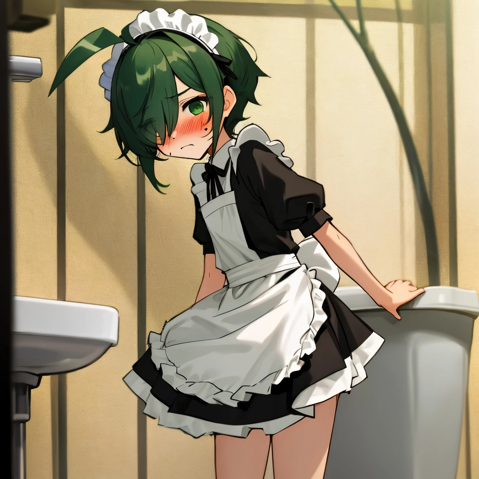 1 girl, cute, young, green hair, bob haircut, green eyes, maid, thigh high,  {{{{{{{{excessive cum}}}}}}}}, bukkake,