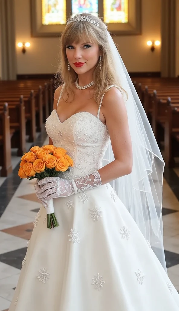 Front view, full body, standing pose, hold orange flower bouquet, on church floor, American woman, Taylor Swift, 30-age , looking at viewer, American fashion model ,(middle blonde hair, detail face, cute face, beautiful eyes, Small lips, big smile, pearl earring , pearl neck less, tiara), (big breasts, middle hip, slender body),(White  Wedding long dress with embroidery, and white see-through veil, white lace long glove, white stocking,  white hi-heal), (masterpiece, Best Quality, high resolution on down, Realistic, sharp, RAW photos from the last century, wallpaper, perfection, Professional Lighting, very detailed)