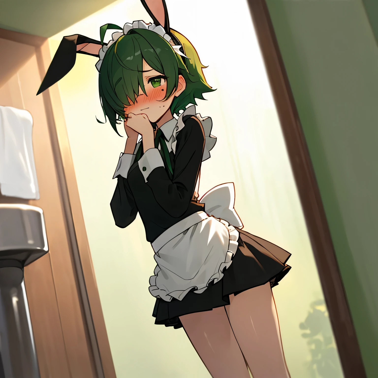 (boy), green ivy hair, green eyes, short cut, side part, ahoge, hair over one eye, thin eyebrows, young, shy, embarrassed, flushed, flushing, flushed cheeks, flushed face, bashful, ashamed, blushing, expressionless, alone, short, Shota, solo, maid costume, mini skirt, slim,  with rabbit headband, in cafe