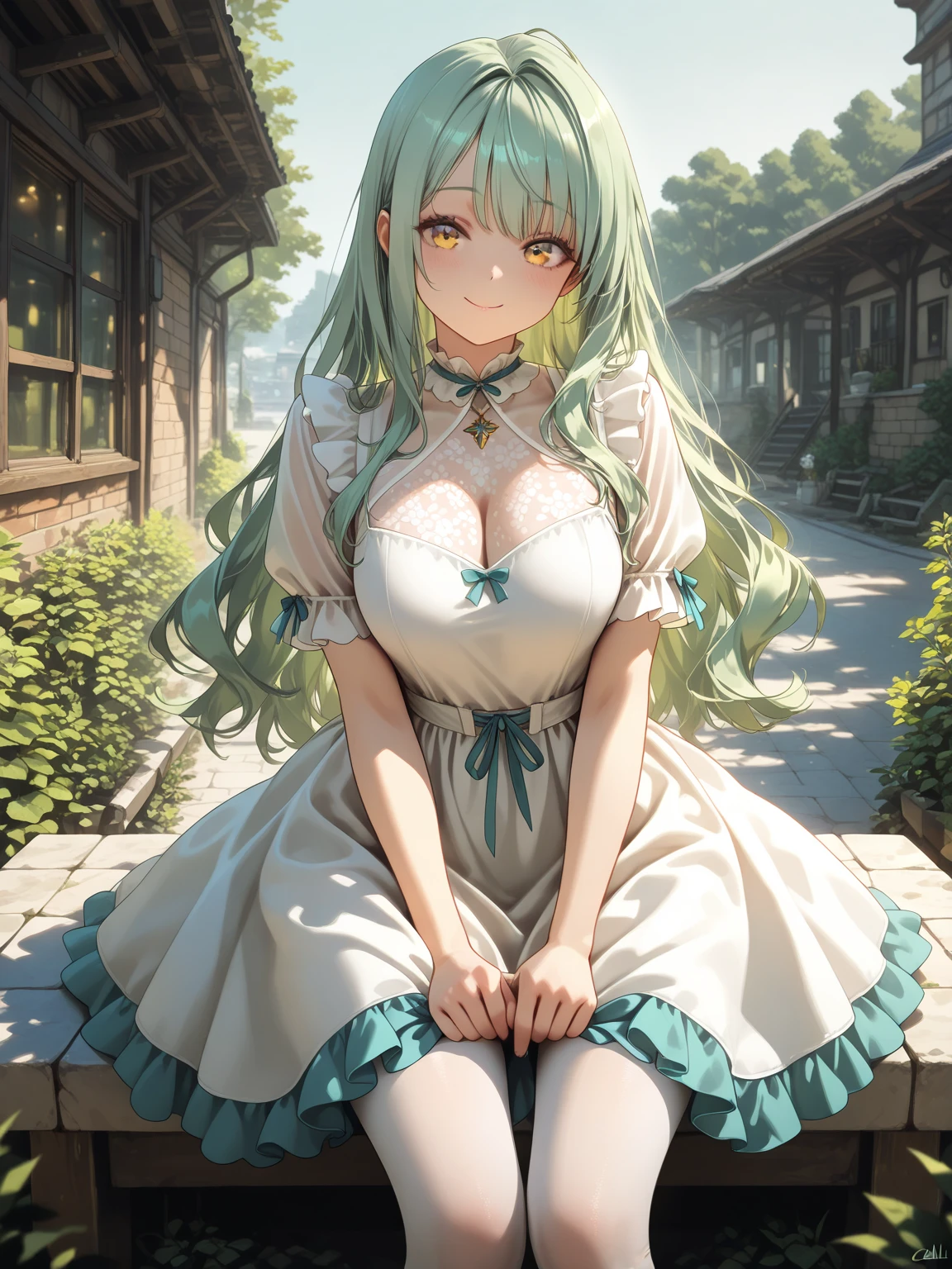 1girl in、white  hair、Green White Dress、verd s eyes、Braids、verd s eyes、Bare legged、 jewely、see -through、see the beholder、hair adornments、a choker、full of shyness、 (​masterpiece、top-quality、top-quality、Official Art、Beautifully Aesthetic:1.2)、(1 girl in)、ighly detailed、colourfull、highestdetailed、 (huge tit:1.2、)The upper part of the body、(frombelow)、cammel toe、skirt rift、 城市、a street、suns、云、walls、Leaning、Navel、 鎖骨、thighs thighs thighs thighs、((Pussy))、(((teats)))、(((Semen)))