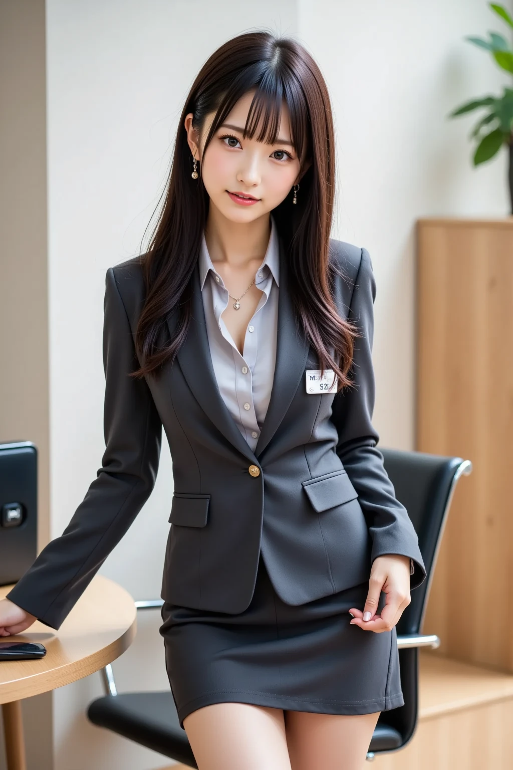   charming  ,    high quality pictures of mature office ladies.   top quality  ,  Eye and skin details ,  Soft indoor lighting  , 28 years old,   Japanese  ,  Dark Eyes, direct line of sight,    long dark hair , Slightly wavy,   moderate bust , Well defined lips,   Name Earrings for Women,   necklace,   Dark Gray Tight Suit  ,   Light Gray Blouse  ,   miniskirt , heels, Name tag,   Long Sleeve  ,   office room  ,   Executive Style  ,  Standing by a Desk with  long dark hair  ,   Slightly Slanted Hips   , Holding a pen,   viewers, confident,   calm,    from before   ,  Fairy-like Upper Body ., crouch、 open legs