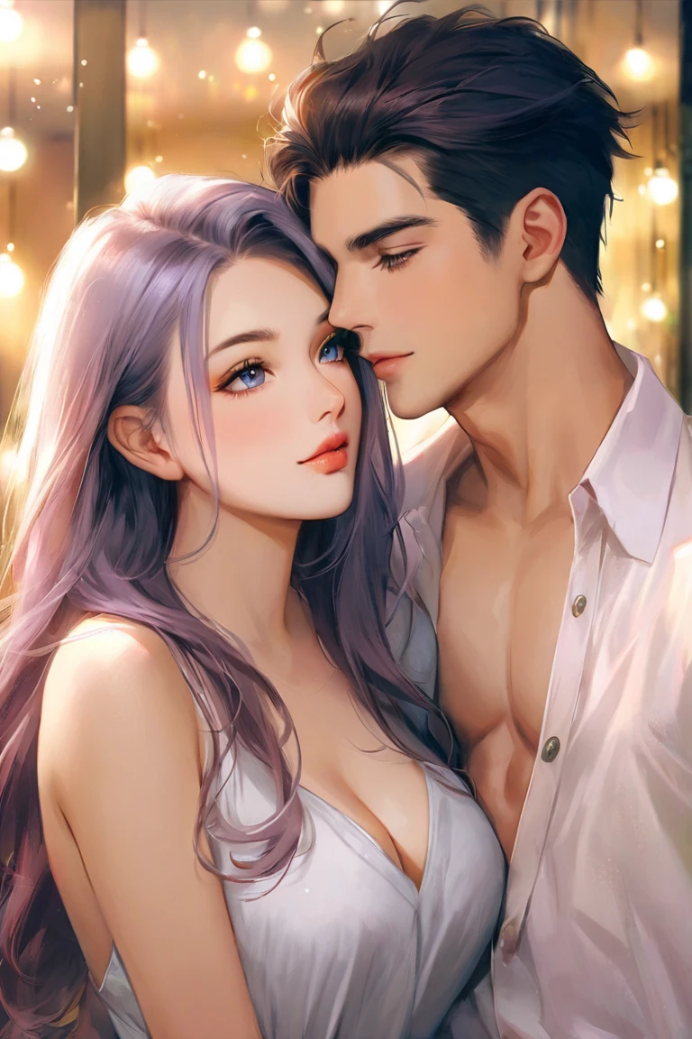 handsome guy and beautiful woman, soft lights, bright tones, smooth tones, Realistic Textures, Masterpiece , normal clothes, DIFFARENT HAIR COLOR, 2 person