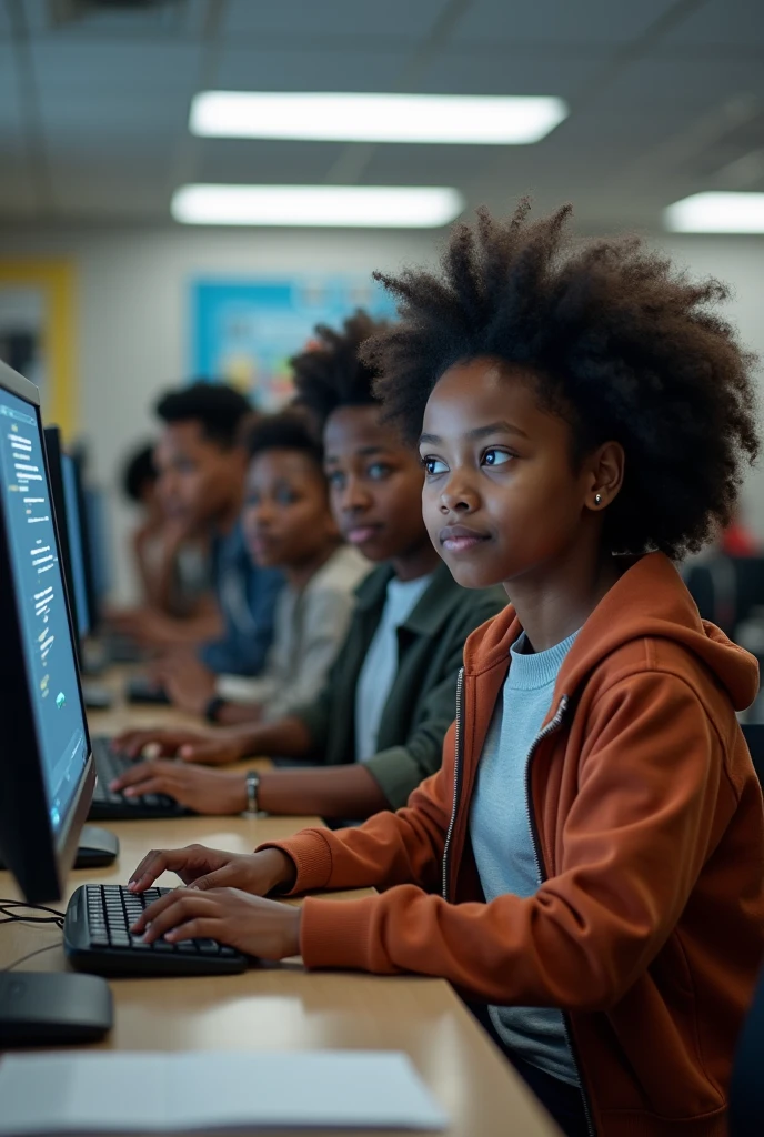 There is a black boy wearing a school uniform sitting and playing on a computer.