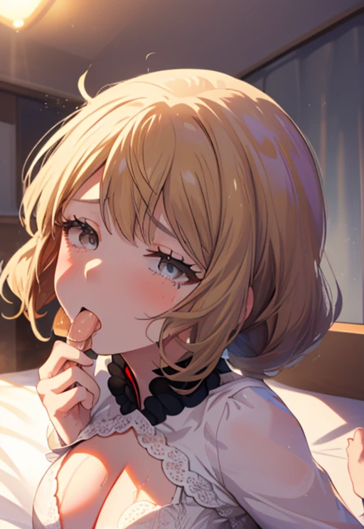 (masterpiece, nsfw, fellatio, 2D moe anime:1.3), (best quality:1.2), (very aesthetic:1.2), (absurdres:1.2), (detailed background),newest, solo, (close to kawaii face focus from above:1.5), 6 year old kawaii japanese petit little mesugaki:1.3、looking up and playing blowjob , independent, deep colored Hair、deep colored medium hair, perfect pupils of anime style big teary eyes with eyelashes, surprised smile with blush, (small mouth sucking penis, cum on tongue, cute lips:1.3), Ultra-Realistic Capture, Very detailed、completely nude, High resolution, pretty:1.3, (deep throating penis, cum in mouth, cuminflation:1.3)
