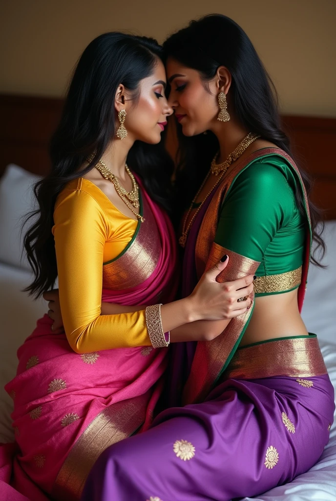 a passionate romantic kiss between two beautiful indian women wearing colorful sequin sarees, in a lush tropical gorge landscape, (best quality,8k,highres,masterpiece:1.2),ultra-detailed,realistic,photorealistic,photo-realistic:1.37,intricate details,cinematic lighting,dramatic shadows,vivid colors,ornate jewelry,detailed fabric textures,elegant poses