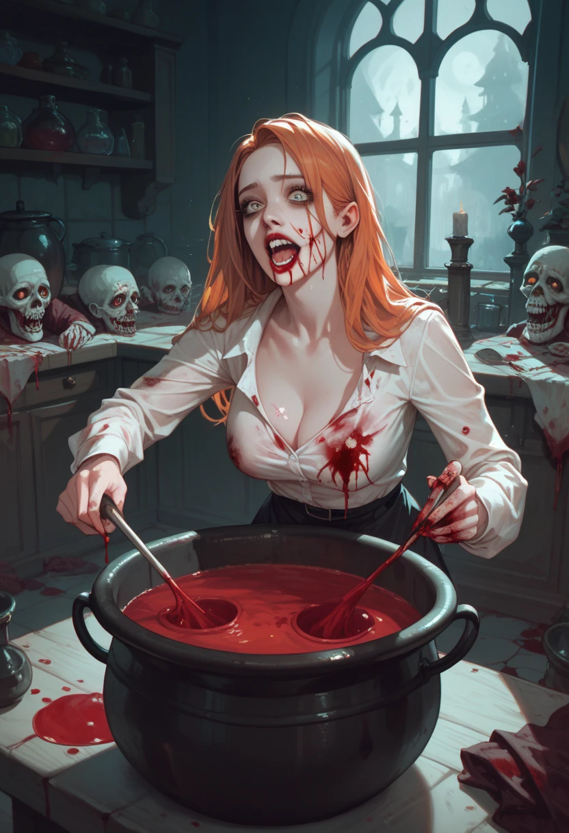 Undead wounded witch is boiled in a huge cauldron, blood, horror atmosphere, death