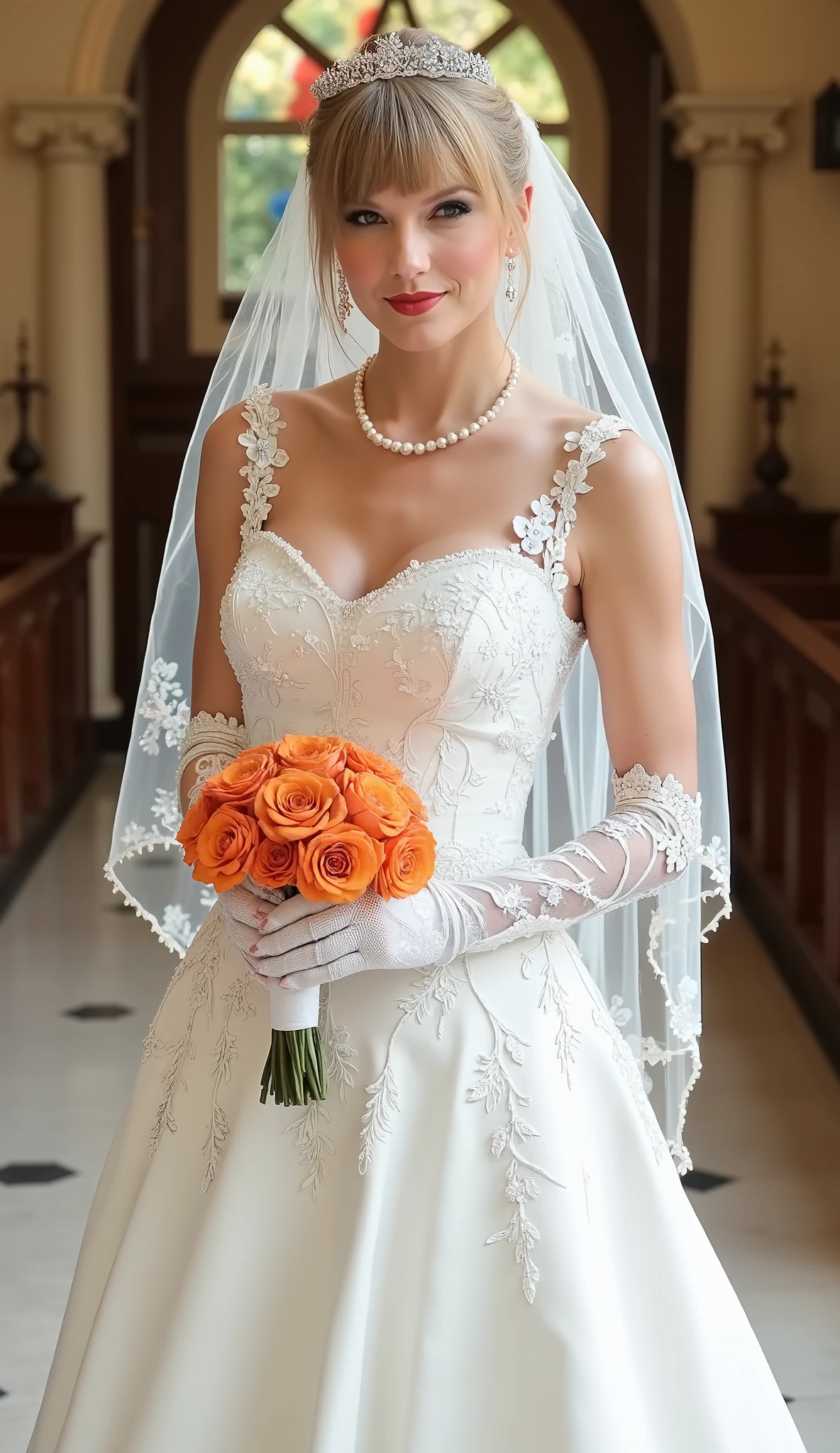 Front view, full body, standing pose, hold orange flower bouquet, on church floor, American woman, Taylor Swift, 30-age , looking at viewer, American fashion model ,(middle blonde hair, detail face, cute face, beautiful eyes, Small lips, big smile, pearl earring , pearl neck less, tiara), (big breasts, middle hip, slender body),(White  Wedding long dress with embroidery, and white see-through veil, white lace long glove, white stocking,  white hi-heal), (masterpiece, Best Quality, high resolution on down, Realistic, sharp, RAW photos from the last century, wallpaper, perfection, Professional Lighting, very detailed)