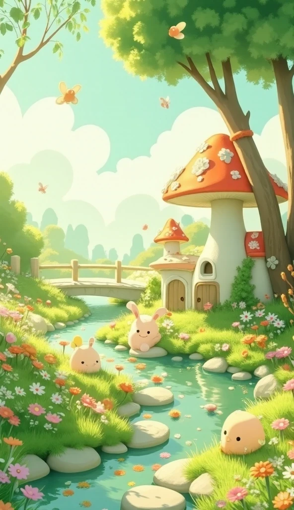 This is a spring 3D illustration, soft 3D style, dreamy atmosphere, grass, river, bridge, mushroom house, cute 3D cartoon characters, a lot of white space, poster composition. --ar 9:16 --stylize 500 --chaos 50