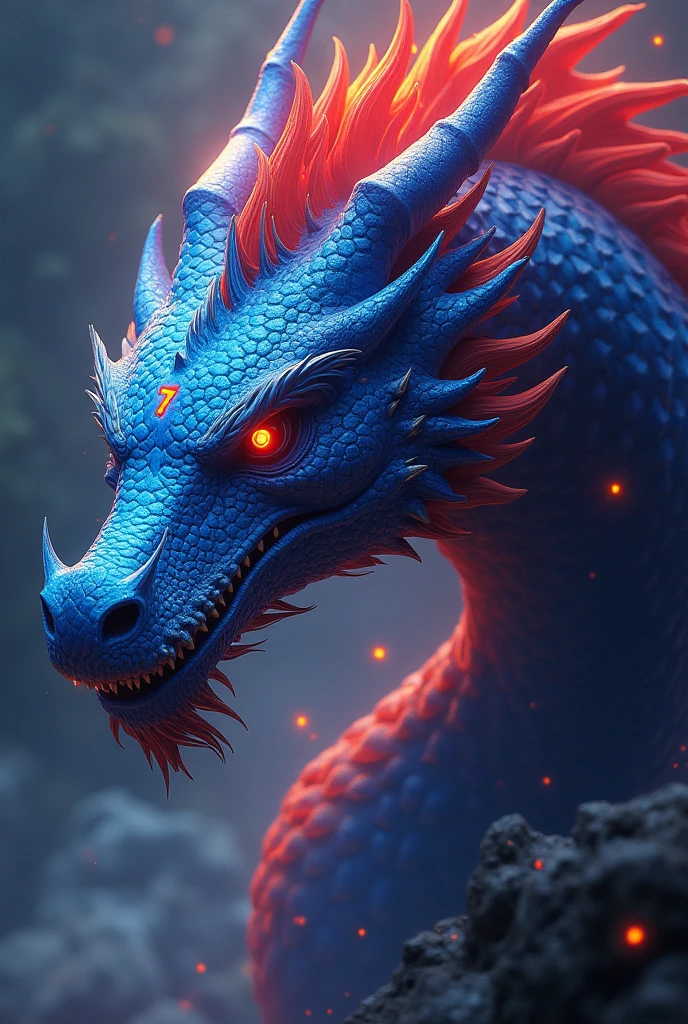 Chinese style blue dragon,cute,combat status,Background volcano,fighting stance,fierce,like a fighter