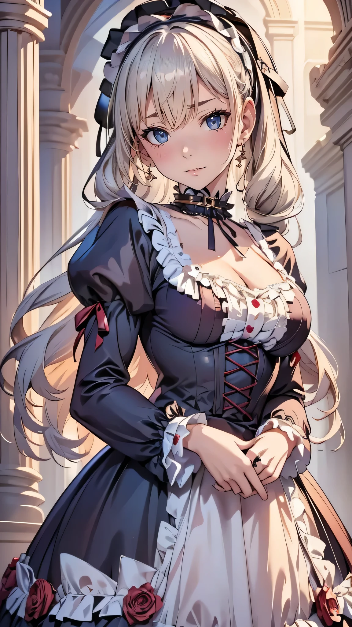 1 girl, ((beautiful girl in Lolita fashion: 1.4)), attractive face, elegant, gorgeous, (gothic lolita dresses, choker, earrings, rings, jewelry), luxurious, detailed beautiful face, (shiny hair, long hair), glowing eyes, (finely detailed beautiful eyes: 1.2), at a medieval european castle, (cowboy shot, from front, face focus), deep depth of field, stunning, fascinating, enchanting, cinematic lighting, cinematic composition, anime style, vibrant colors, thin lines, dreamlike, absurdres, highres, masterpiece, best quality, newest, very aesthetic, ultra quality, high detailed, anatomically correct, perfect hands, (anime art style),