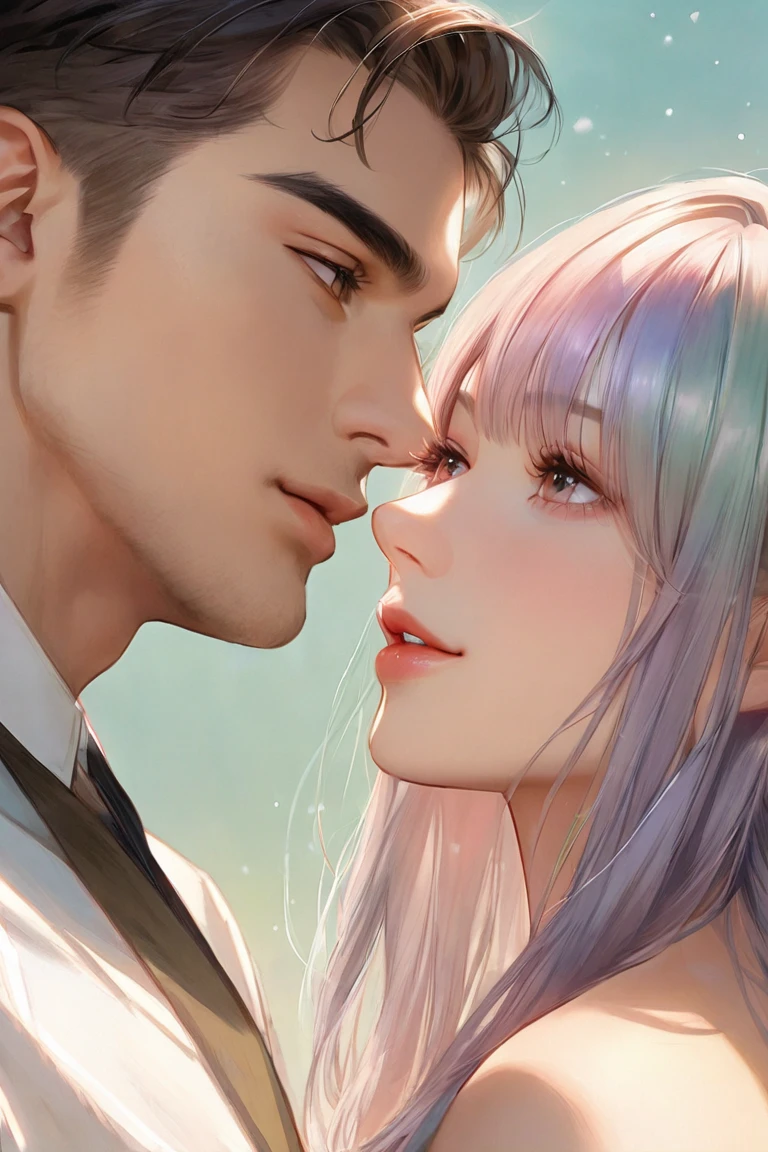 handsome guy and beautiful woman, soft lights, bright tones, smooth tones, Realistic Textures, Masterpiece , normal clothes, DIFFARENT HAIR COLOR, 2 person