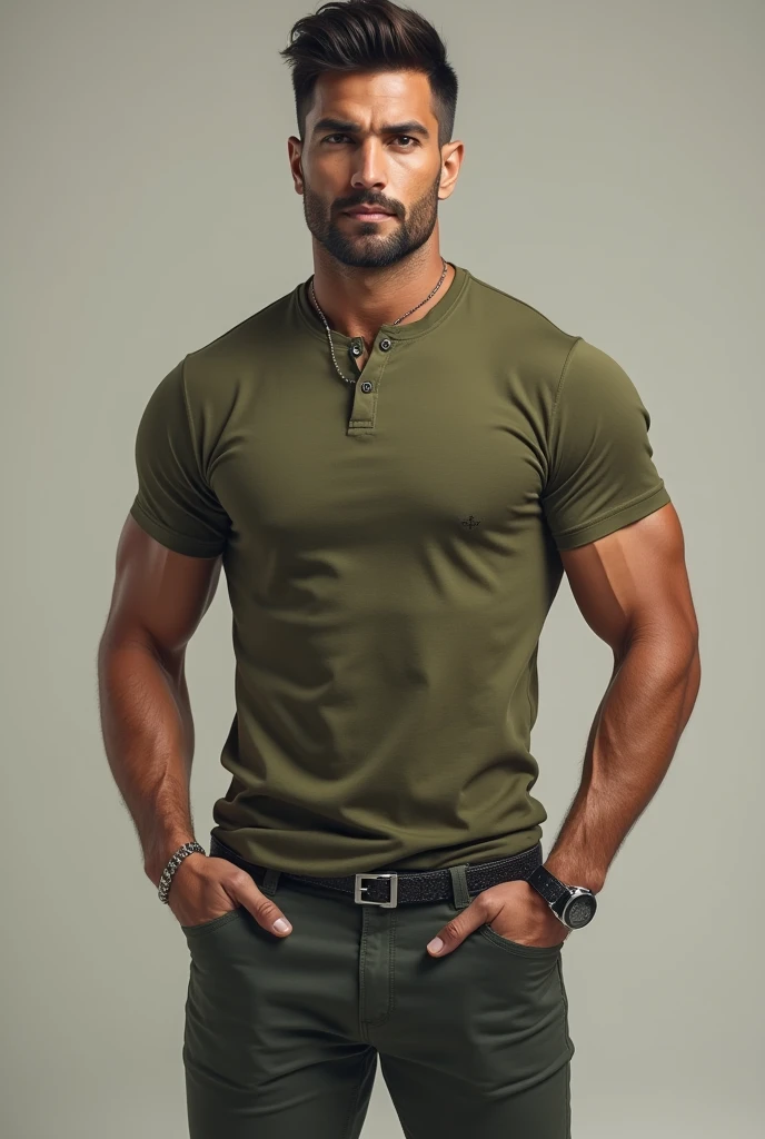 ((realistic daylight)) , Young Korean man in a green t-shirt Denim shirt, jeans, A handsome, muscular young Asian man looks at the camera. , in the restaurant ,turn sideways