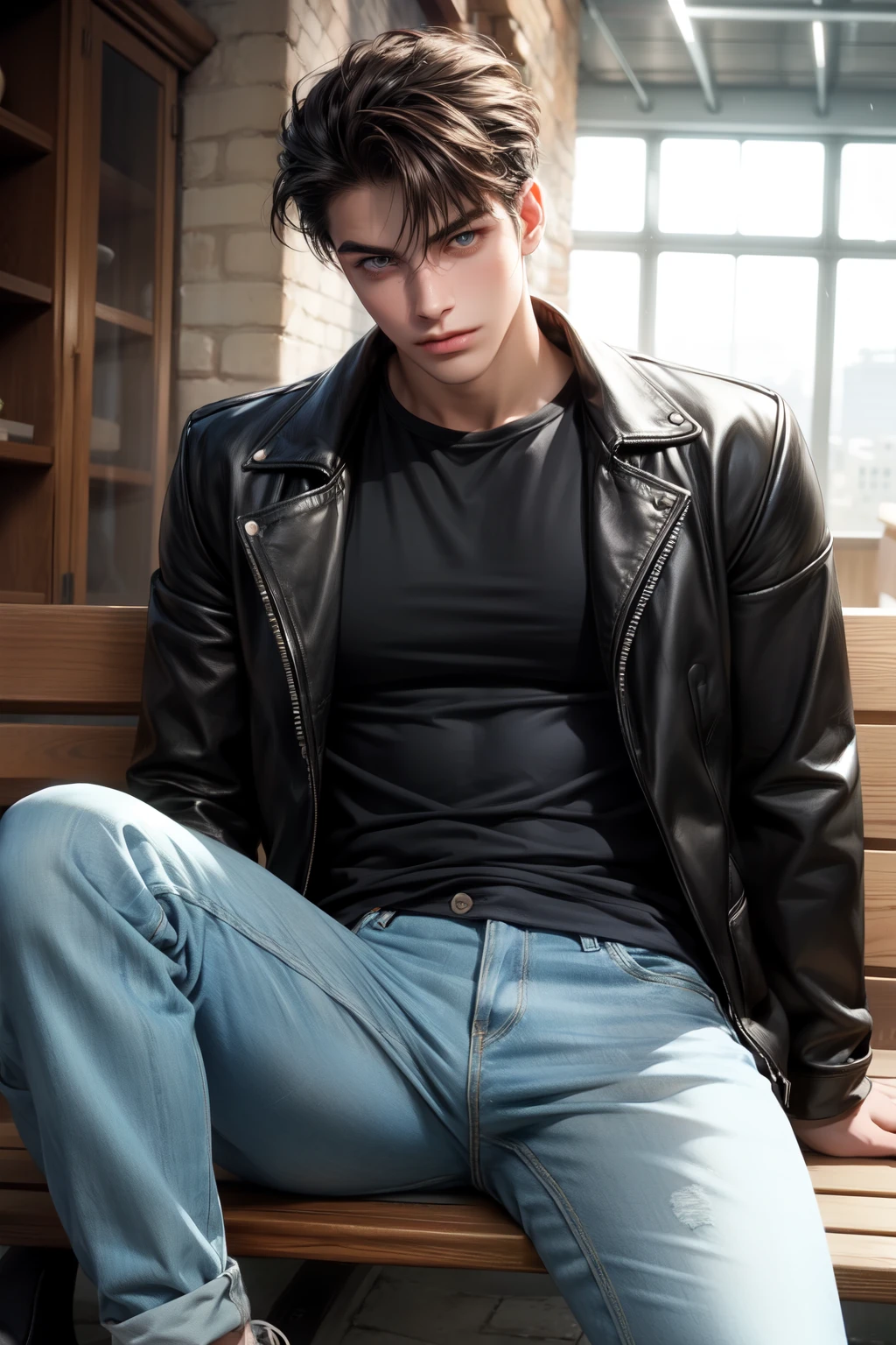 (best quality) (detail), 1 guy, thin, manly, punk, black oversize sweater, baggy jeans, Beanie hat, headphone in neck, dark, piercing, black hair