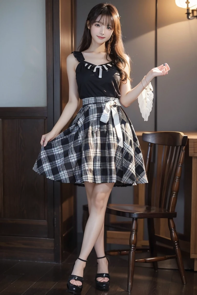 Photo-realistic quality、A 20-year-old Japanese idol woman taking a photo wearing a black and white dress, Black lace tops、Ivory checked skirt、 Narrow waist, Full body photo, Overall view, full - length view, Full body image, Detailed Images, Checked skirt, Wide skirt, high waist white skirt, Romantic Dress, Frock, Wearing long, loose clothing、looking at the camera、Detailed and beautiful eyes、Cute smile、Relaxed and gentle expression