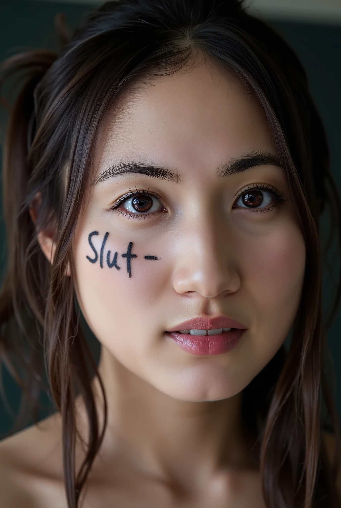 image showing Irie Saaya face close up,her cheek with the text:"slut",aidmatextimprover